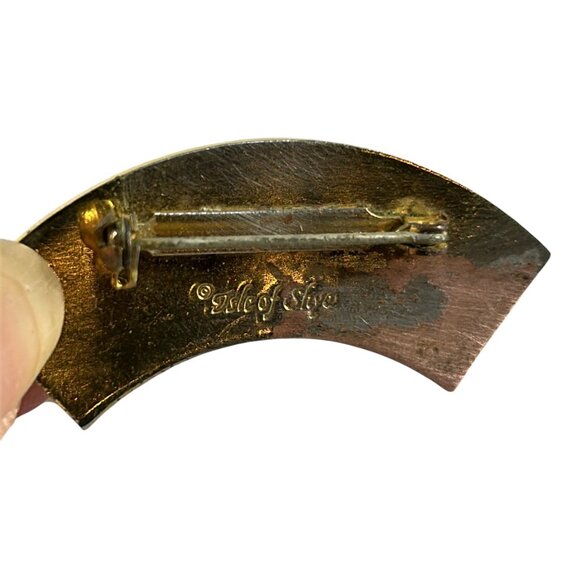 Vintage Isle of Skye Enamel Fan Brooch Pink Flowers Black Gold Tone Pin - Picture 3 of 7